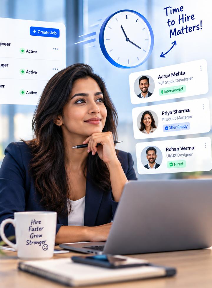 A recruiter at her desk with candidates moving through interviews and offers